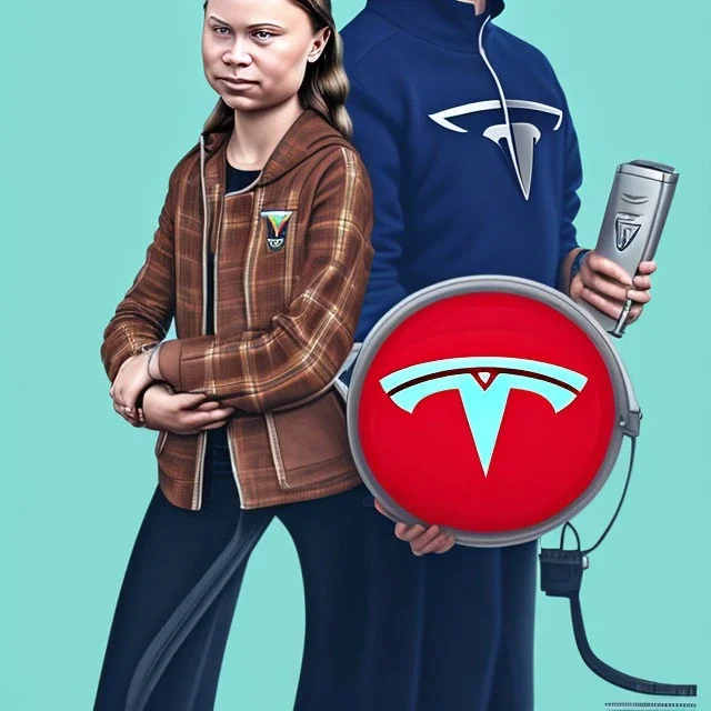 portrait of Greta Thunberg holding driving a tesla