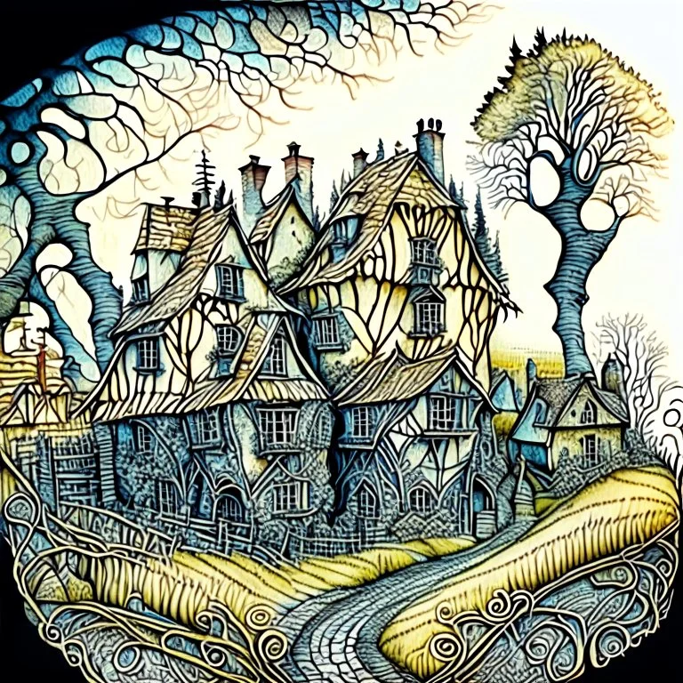 in the style of Arthur Rackham and Van Gogh, zentangle country side village, fantastical surrealistic, elegant, beautiful high definition fine 3D line art, watercolor ink and pen, extremely detailed, intricate, elaborate, HDR, beautiful, award winning, fantastic view, muted colours, fantasy, crisp quality