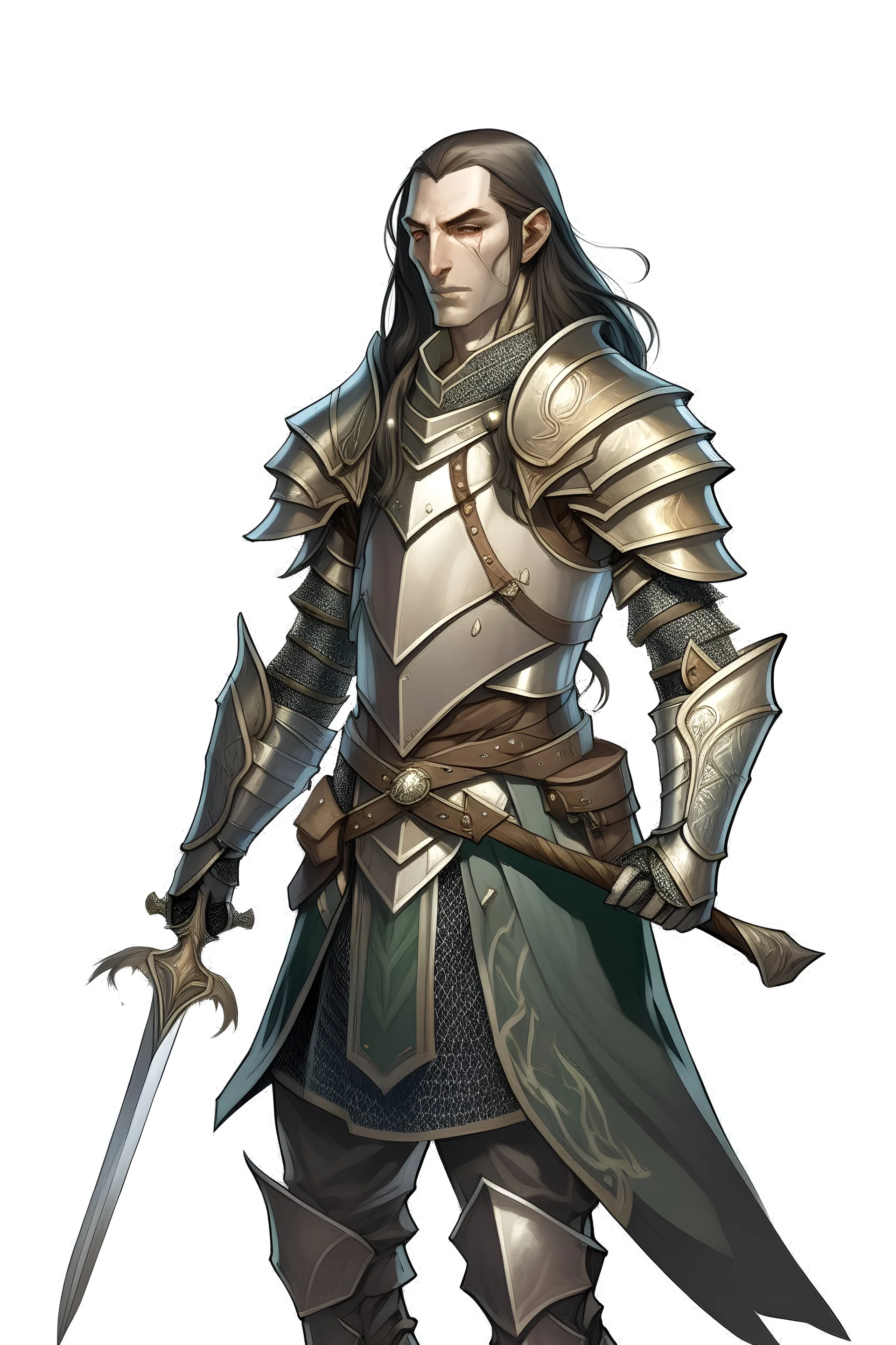 d&d high elf knight male in his twenties wearing medieval armor with hands behind her back