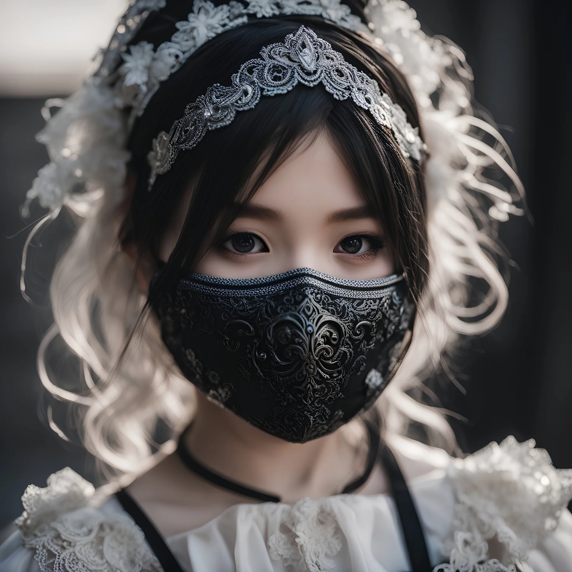 a close up of a person wearing a mask, art station award winner, killstar, portrait young girl, by Lin Liang, victorian lace, character from mortal kombat, child hybrid, interconnected, detailled portrait, surgical mask covering mouth, lily frank, shot with Sony Alpha a9 Il and Sony FE 200-600mm f/5.6-6.3 G OSS lens, natural ligh, hyper realistic photograph, ultra detailed -ar 1:1 —q 2 -s 750)