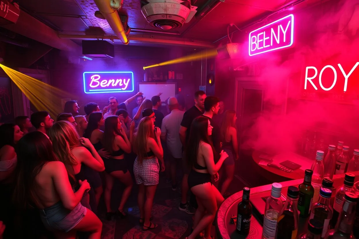 dans golv på en nedsliten sunkig techno club, många personer som dansar, yppiga kvinnor, mycket scen rök i lokalen, och gula röda strobes, en del personer ser in i kameran och skriker: "Benny!" och en Neon Skylt med texten "DJ ROY" på väggen, DJ Roy skriker rätt in i kameran, öppen mun, mycket flaskor och glas i baren