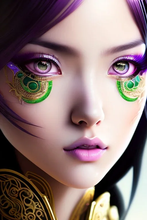 Detailed cute anime Kunoichi green eyed girl, brown hair buns, purple bangs, latex bodysuit, intricate details, full body portrait, keep head in frame, slight smile, black Japanese motif, concept art, highly detailed, digital painting, concept art, sharp focus, illustration, art by Yoji Shinkawa, WLOP and greg rutkowski and alphonse mucha and artgerm and yanjun Chen and Junji ito and Makoto Shinkai, HDR, octane render