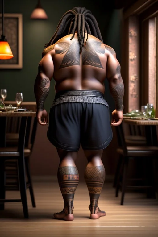 full body shot back view photography of a burly stocky giant gipsy lumberjack tattoed 55 years old , in italian restaurant, shirtless with swimwear, dreadlocks, long beard, emotive eyes, big shoulders, big fat ass, ambient occlusions, photorealistic