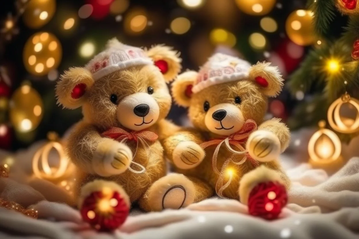 cute teddy bears holding hearts covered in sparkling gold glitter, beautiful winter composition, snowflakes, pine branches, Christmas ornaments and glowing Christmas lights