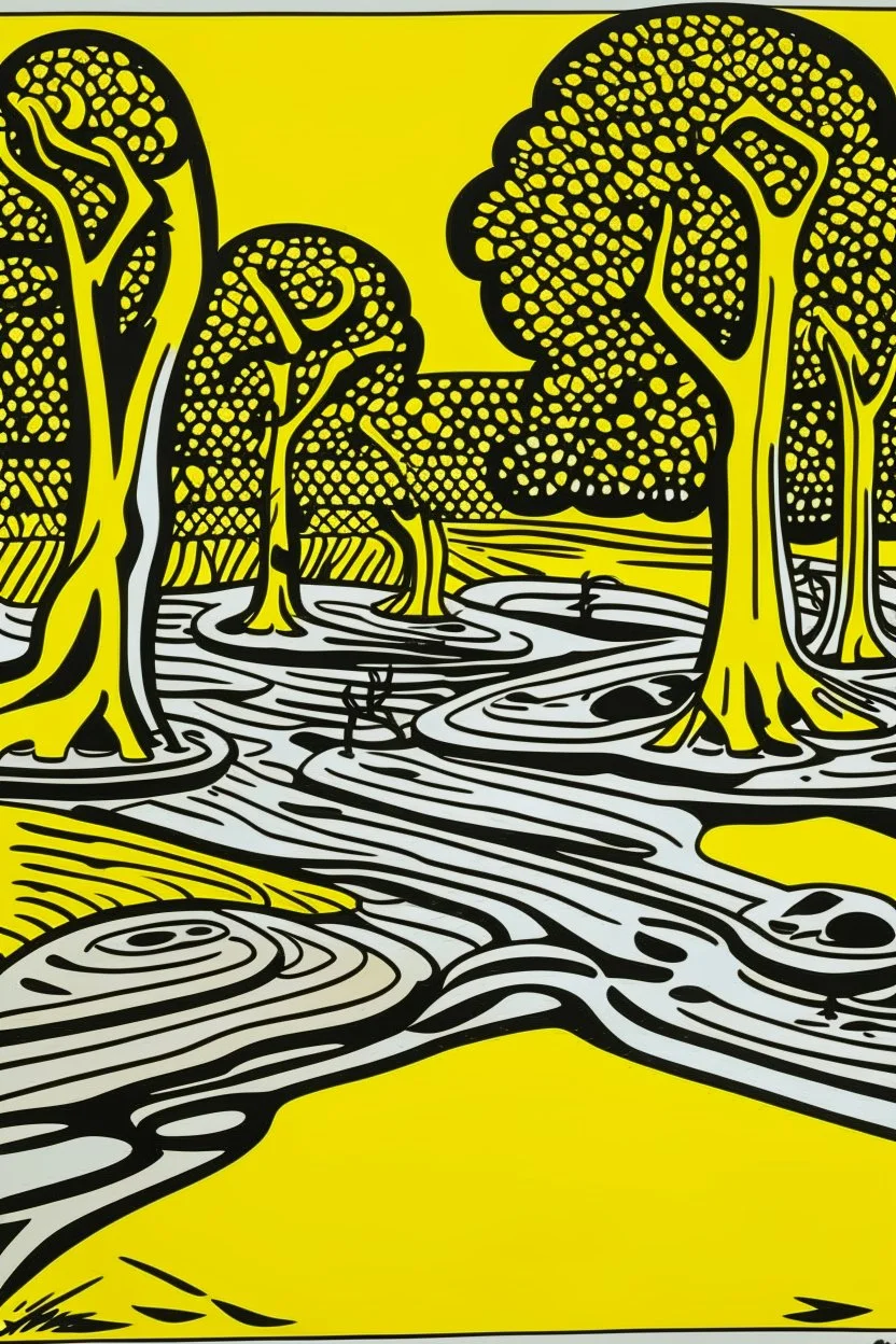 A yellowish orange colored swamp with amphibians painted by Roy Lichtenstein