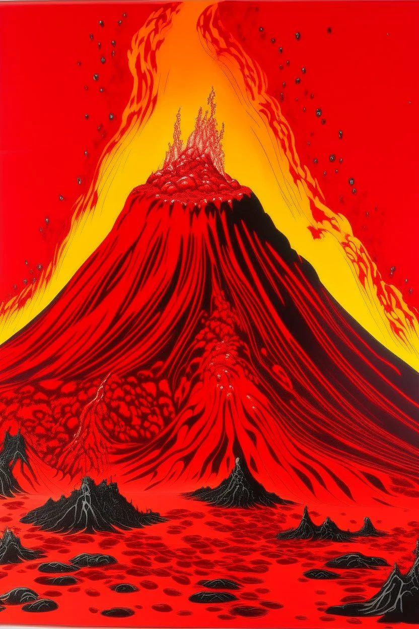 A red volcano with spewing bloody fire designed in Ica stones painted by Andy Warhol