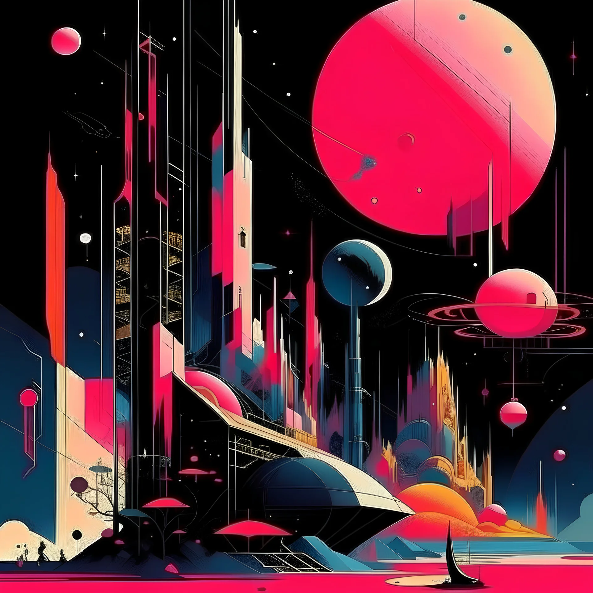 by Peter Shire, by Petros Afshar, by Norman Bel Geddes, silkscreened mind-bending illustration; Astronomy Domime …! …! fearless, dark shines war, heavy dreamy colors, Pink Floyd aesthetics, smooth sci-fi abstractions, modern art album cover, asymmetric, unbalanced, separate landscape