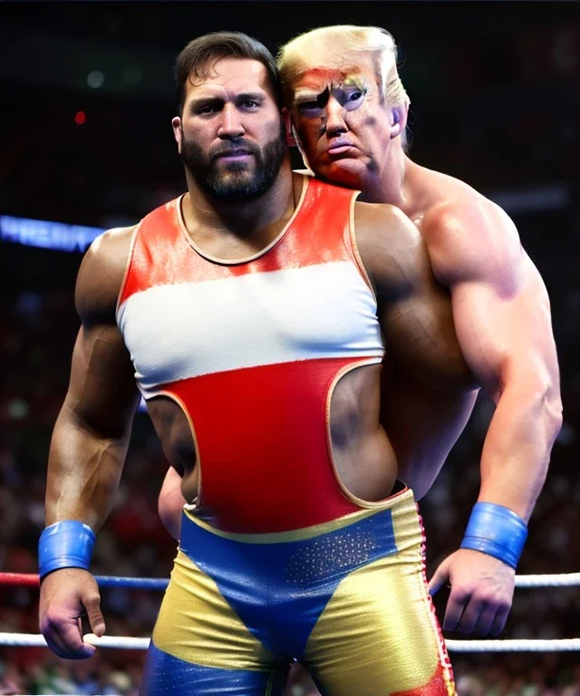 Realistic image of Donald trump wrestler, Mexican wrestling, tribal glow makeup, red and blue breeches, suspenders, retro style, 80s, red, gold, vibrant color, highly detailed, clean background, concept art, unreal engine 5, god rays, ray tracing, RTX, lumen lighting, ultra detail, volumetric lighting, 3d, finely drawn, high definition, high resolution.