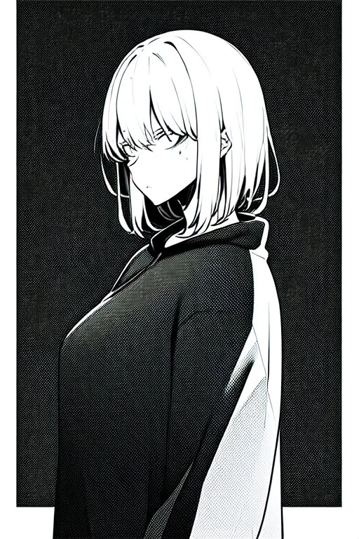 thoughtful girl in a loose sweatshirt, line arts, greyscale, deathnote style