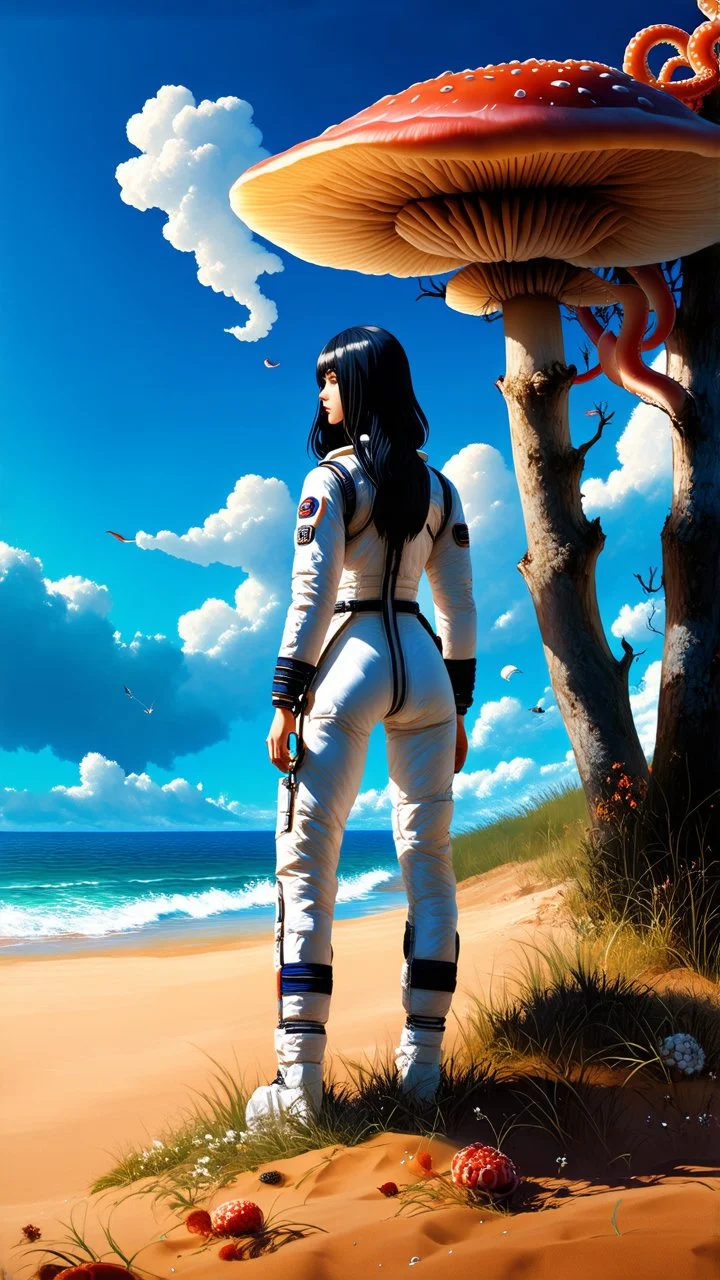 Photorealistic slim woman with black hair in a space suit, looking out over a sandy beach next to a sea, with tall, narrow cloud trees and flying mushrooms with octopus tentacles