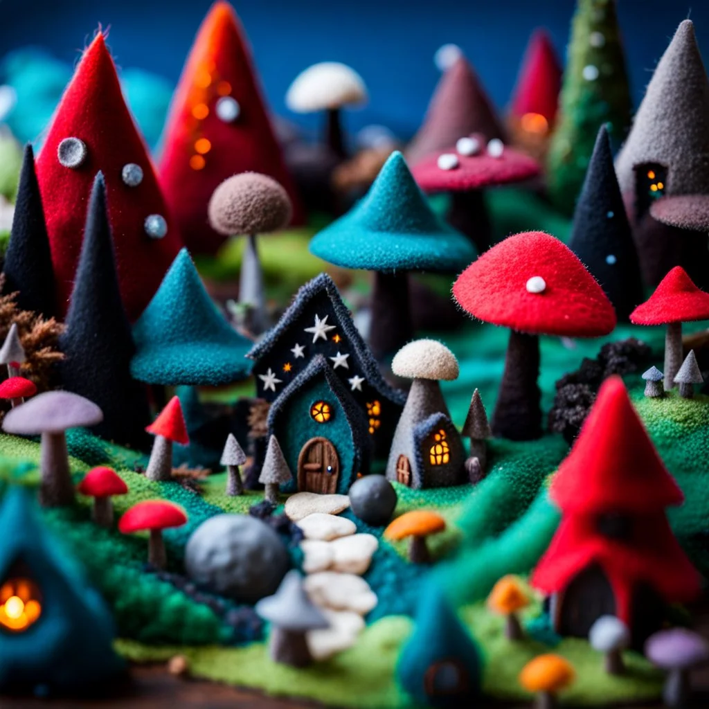 Close-up photograph of detailed creepy village made of felt, crystallizations, figure, animals, fungi, night, crystals, mineral concretions, stars and planets, Roger Dean, strong texture, intricate, colours, Max Ernst, rich moody colors, bokeh, Tim Burton, Harry Potter, 33mm photography