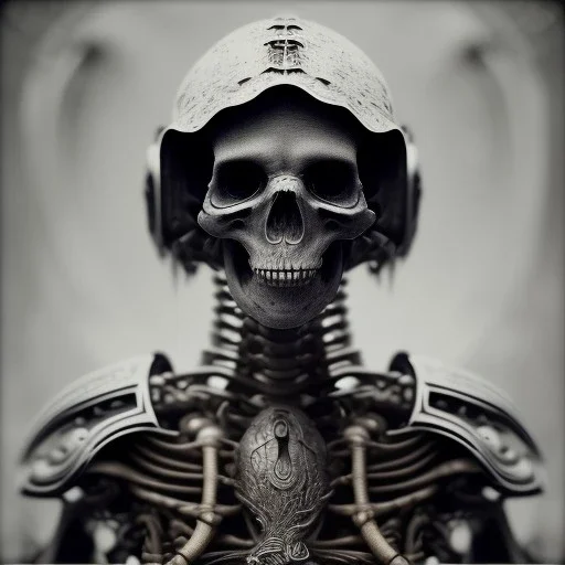 a skeleton warrior wearing samurai armor in hr giger style, steam punk, realistic, made in octane, cinematic, ultra-realistic, extremely detailed octane rendering, 8K, VRAY Super Real ar 2:3, dof photorealistic futuristic 50mm lens hard lighting dark gray tintype photograph, realistic lighting, sepia color