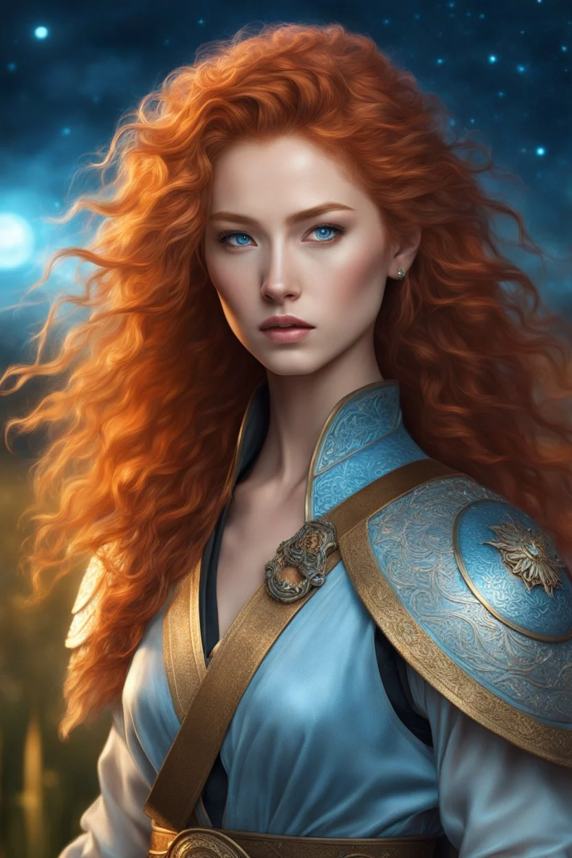 digital art portrait of a beautiful young female fighter, pastel style, fantasy, long messy curly ginger hair, pale blue eyes, fierce, dressed in light reveaing asian fighter outfit, ornaments, choker, standing in fields, night-time, stars, realistic, sexy, cinematic lighting, highly detailed face, very high resolution, centered, looking at the camera