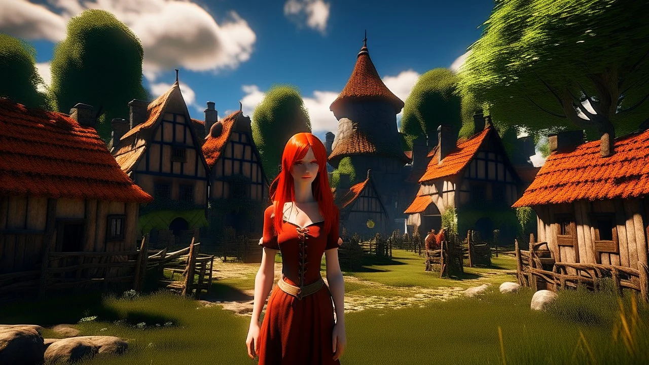 A photorealistic image of a red-haired, slender, witchy woman standing in a village common with neat-mown grass, surrounded by many thatched cottages and shops, under a large tree. Sunny day.
