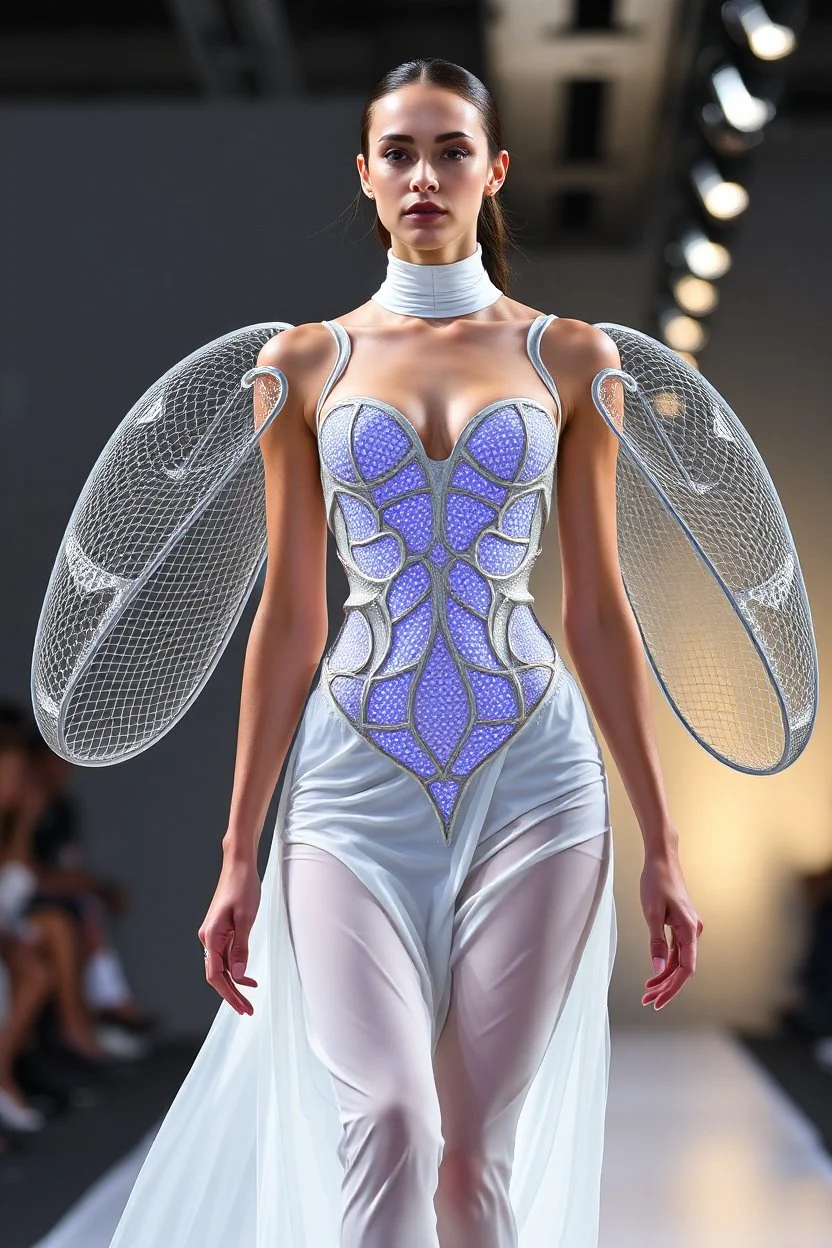 Donna in passerella fronte con Struttura scultorea semi-rigida, tipo esoscheletro che si apre e si chiude Materiali: stampa 3D bio-based, tessuti fotocromatici, rete metallica ultra sottile Dettagli: Reazioni ottiche alla luce, conchiglia futuristica che pulsa col corpo