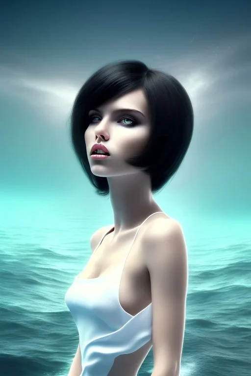 black hair muse with white top in the ocean