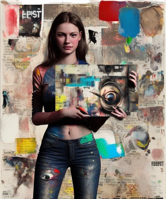 happy beautiful girl holding big proffesional camera in studio. street art, oil on canvas, spray paint, collage, letters, newspapeers, Dave McKean, Vladimir Fedotko, Saturno Butto, Vaughn Bodé, Frank Wu, James C. Christensen, collage, dirty, paint dripping, radiant