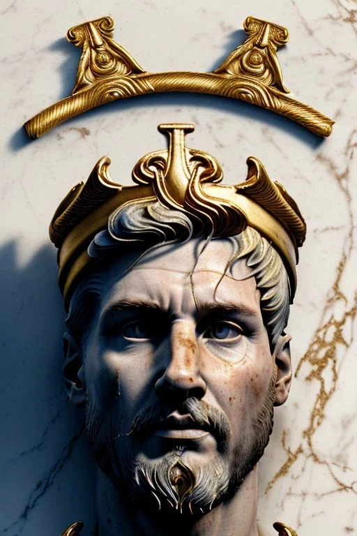 Ultra Realistic image, Roman sculpture, white marble material, Lionel Messi, gold Laurel leaves wreath, renaissance ornaments, radial gold lines, one gold star in heart, sun ornament, blue background, chisel style, waist up portrait, emperor style, epic, celestial, cinematic lighting, God light, god rays, 4k resolution, smooth details, ornate details, soft lighting, unreal engine 5, art station, substance 3d.