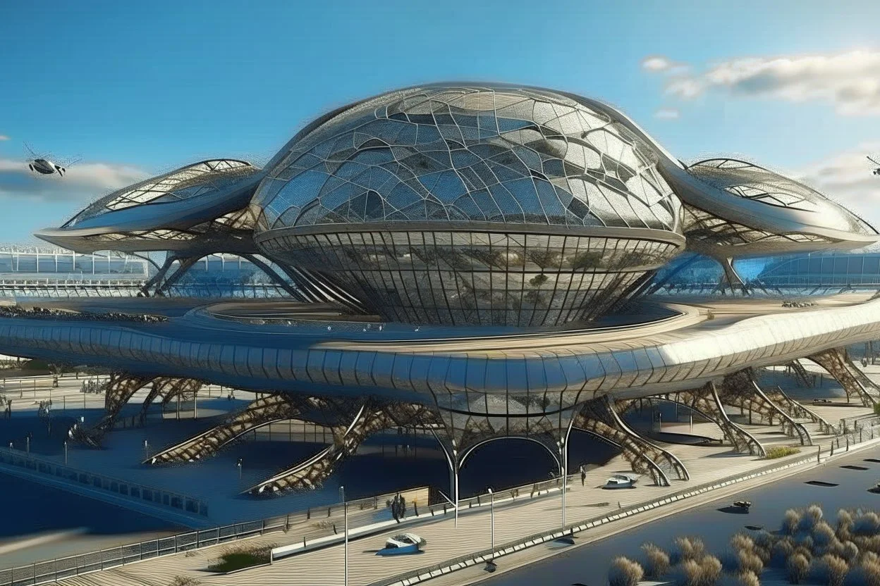 Exterior view of an ant-shaped airport, spectacular, shocking, ultra quality, maximalist, 8k 3D