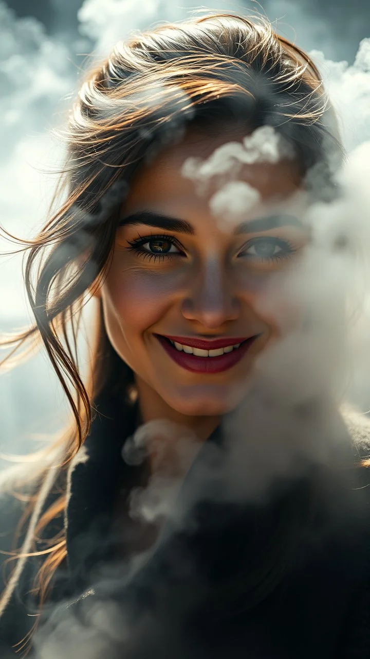 A beautiful eyes of a woman’s smiling? Turbulent winds of steam swirl around the louds lit by shafts of sunlight that cast dramatic shadows on the A beautiful woman High quality 16k cinematic scene and great photography