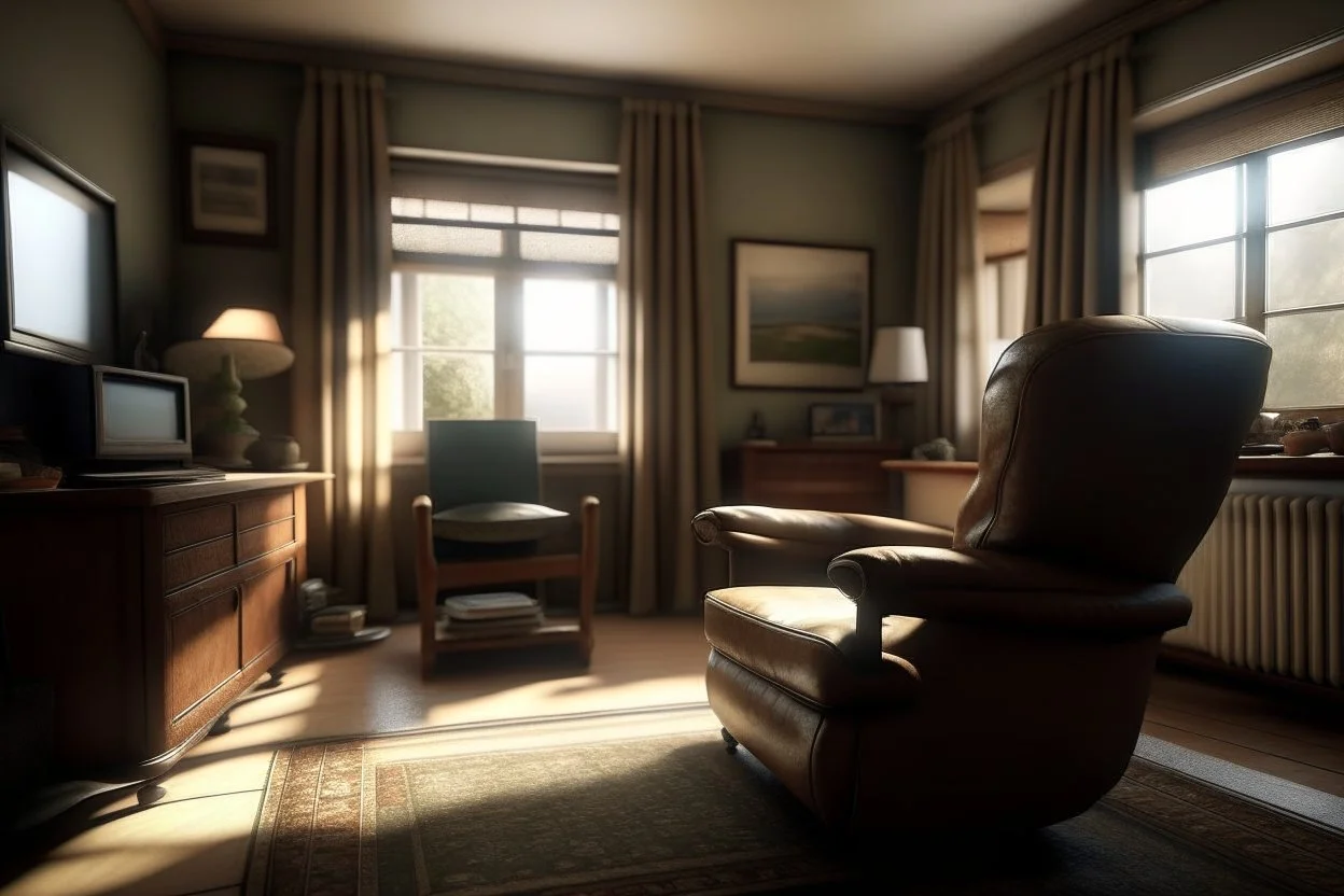 Photorealistic wide shot of an old woman's living room. Tidy and sparsely furnished with a well-loved leather recliner, sidetable and older tv. The recliner faces the tv. A small stool on wheels sits beside the tv. There is an open window with open drapes. The drapes appear to be hand sewn and tidy.