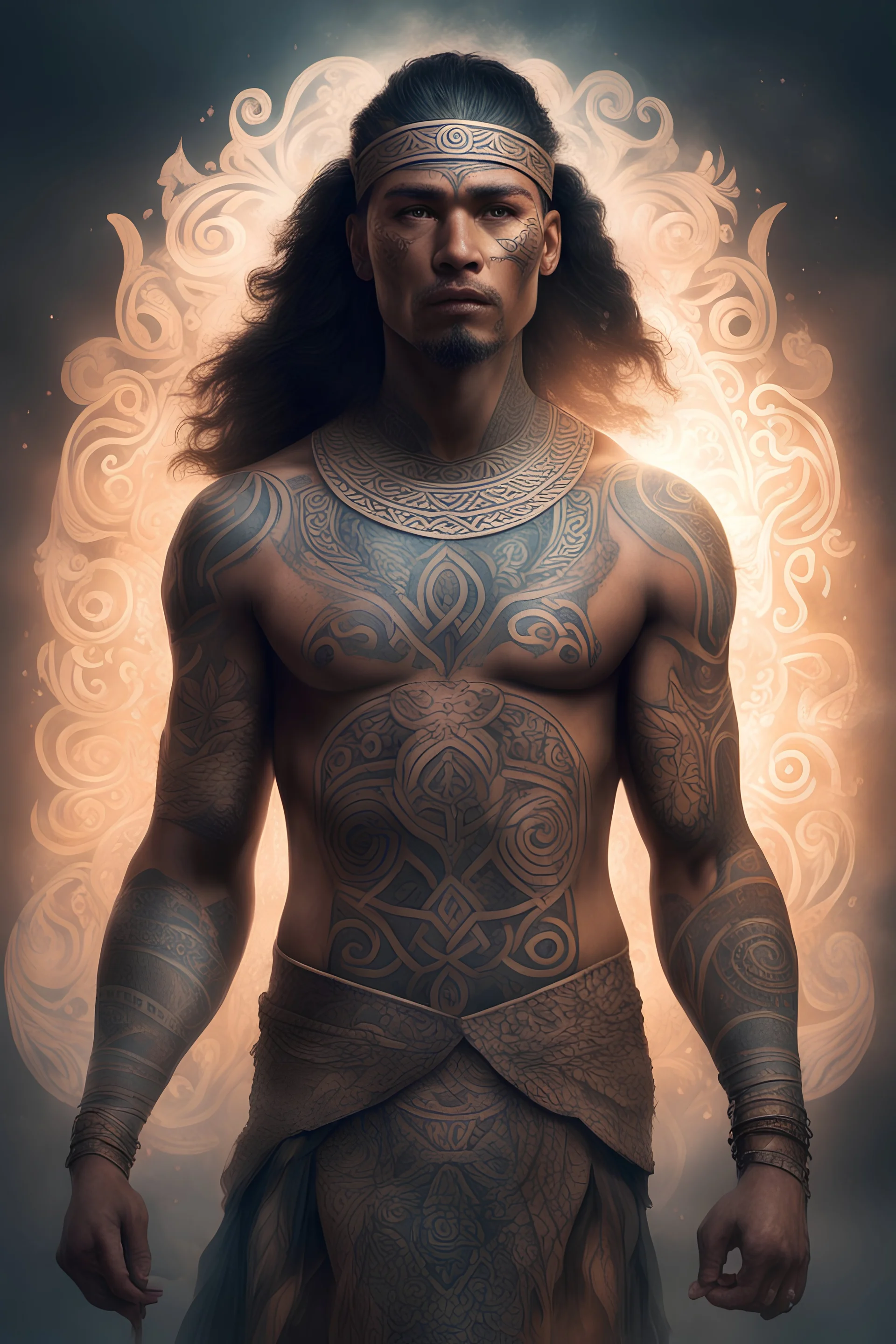 Create Maori warriors with ancestral tattoos glowing with ethereal light, stylized Finnian MacManus