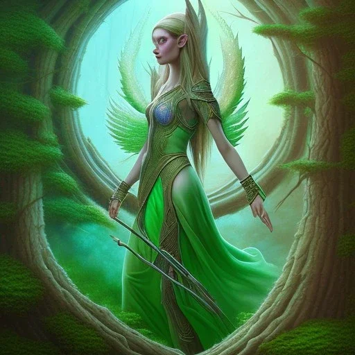 water color and spray painting fantasy art, portrait elven angel with green clothes standing in portal to wet forest world from desert world with camels,poetry book illustration