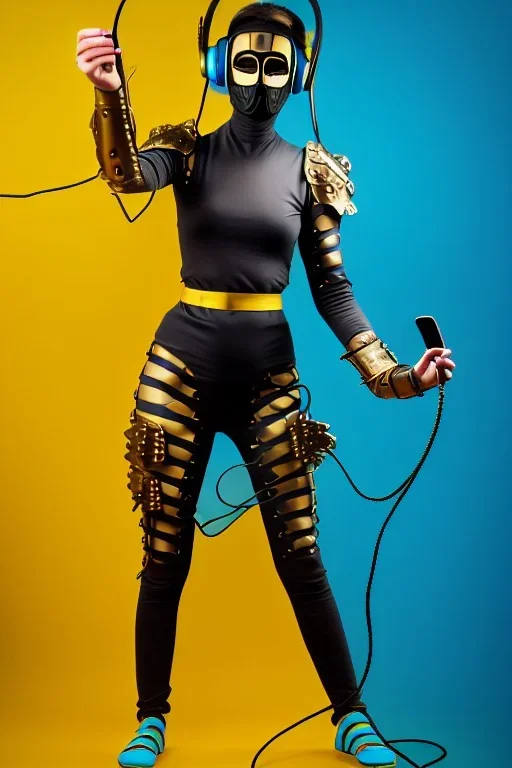 Realistic photograph. Geometric 3D tiling on the background, woman, Whip. Bronze color, Yellow, Black Cyan. Cyber-punk full-mask. Big old AKG headphones, golden rings & disc. Selfie both hands. Lightly armored, electronic circuit. Thick tights, thick calves, bend fell, wide hip, flat belly. Ancient artifact cables between. Perfect body. Matrix movie clothes, Silver leather area, tippet, latex. Wicked sneakers. Daft Punk, Tron Movie. Egyptian Haute Couture. 1990's. Light comes from right-front