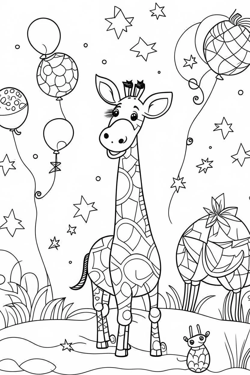 HAPPY NEW YEAR colouring page for kids,Giraffe reaches for starlit balloons, thick outline, low details, no shading, no colour