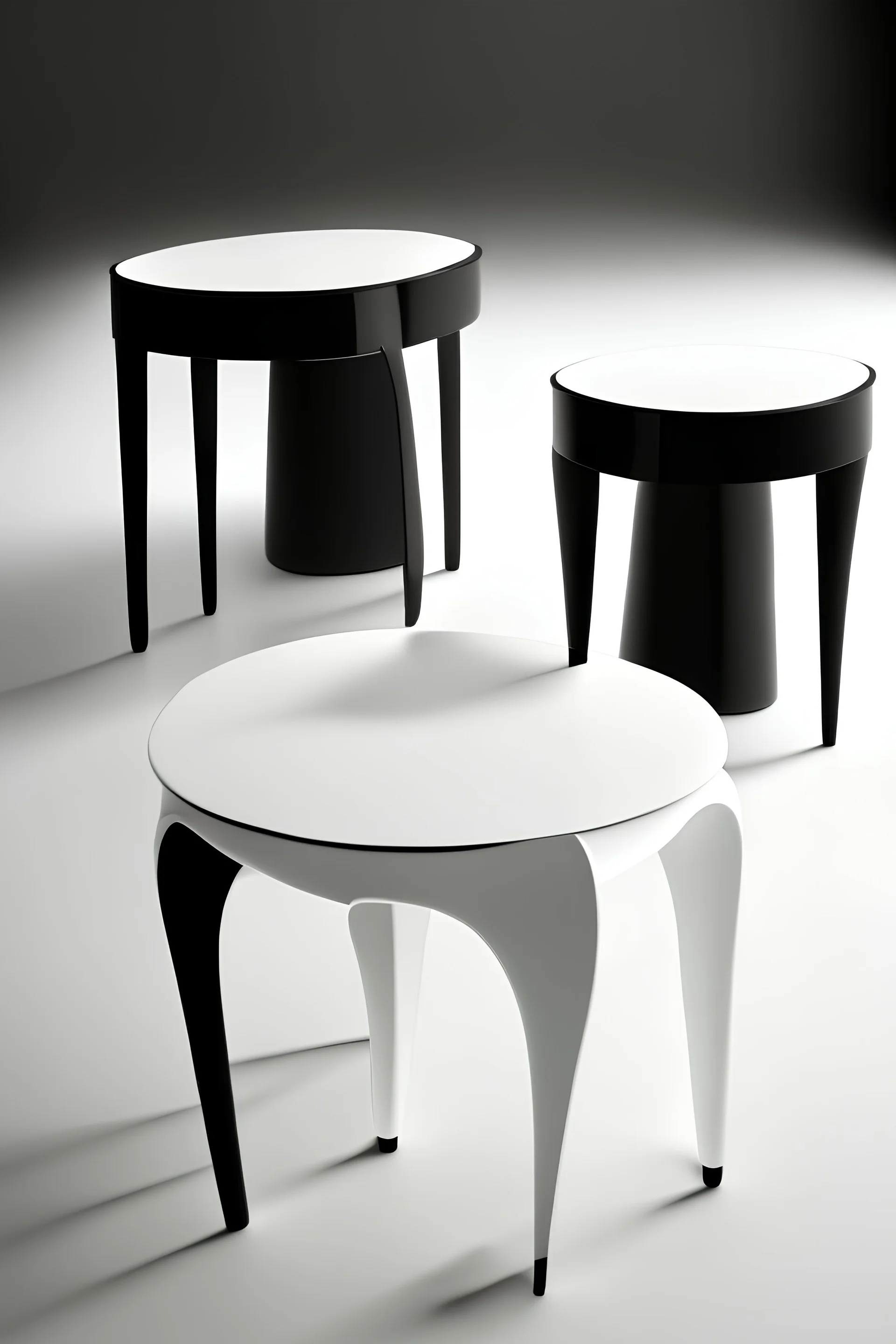 Retrato de tres mesas auxiliares con una sola pata al centro y cubierta ovalada, una en color negro y dos en color blanco estilo contemporáneo
