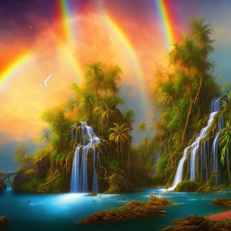  island waterfall palms twigs spring sunset rainbow bridge birds