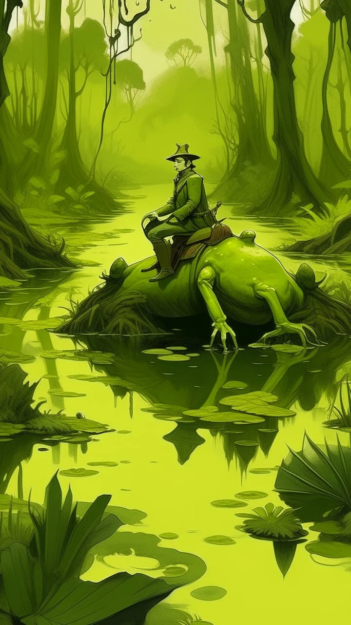 A light yellowish dark green swamp with bugs in daylight painted, a man riding a frog