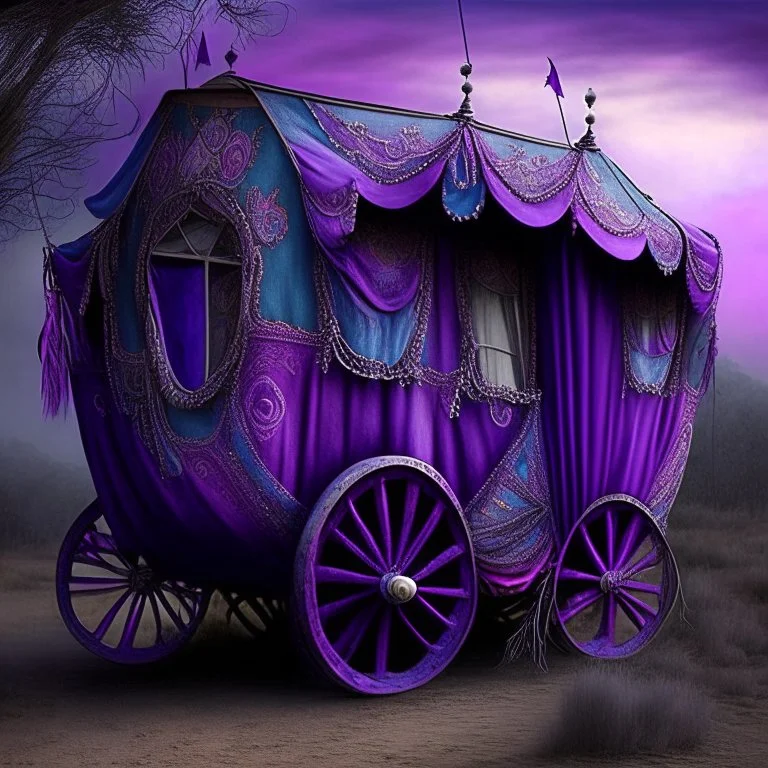 Old fashioned purple, blue and pink gypsy wagon decorated, curtains fluttering in the wind