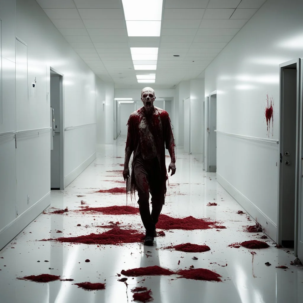 the scene takes place in a white hospital corridor where an undead man, his pale skin covered in dried blood, stands amidst the remnants of scattered bodies. The sight is disturbing, with limbs and gore strewn across the sterile floor. The undead man, with his ghastly appearance and determined posture, exudes a sense of eerie resolve and unearthly strength in a setting of devastation and desolation. Moreover, a pentagram glows ominously as a tattoo on his decaying flesh, adding an additional la