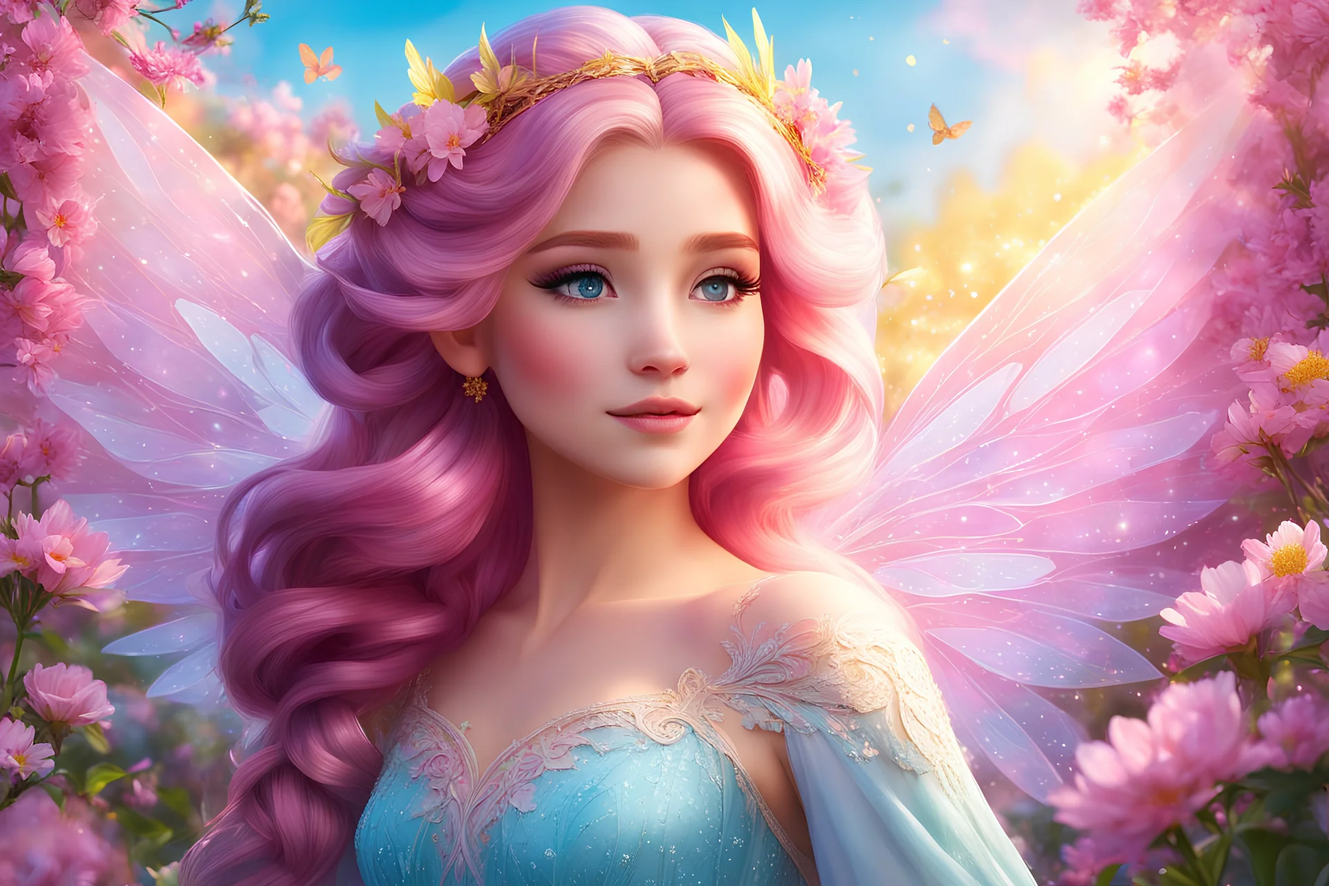 big fairy wings. As the day light sky casts its dreamy gaze upon Elsa, amidst the vibrant blossoms of spring, her pink hair right locks shimmer like a golden halo. high purity. highly detailed, digital art, beautiful detailed digital art, colorful, high quality, 4k