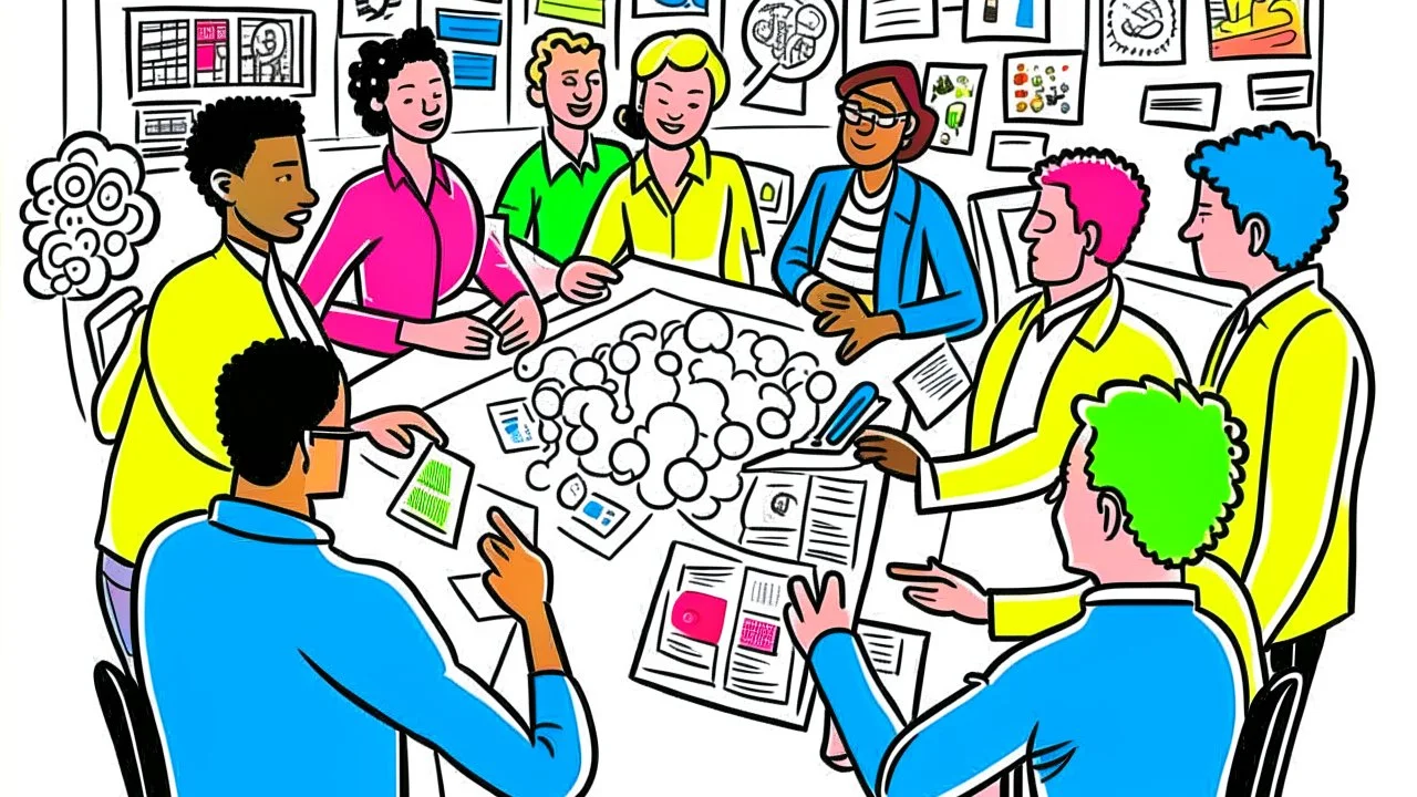 An image that conveys achieving success and skill development. The image depicts a group of individuals gathered in an inspiring teamwork session. They appear engaged in discussion and constructive exchange of ideas. In the background, a screen displays a chart or a conceptual map indicating various goals and pathways. Everyone appears enthusiastic and dedicated to collaborative work and continuous learning. The image reflects collaboration and a focus on achieving success through skill develop