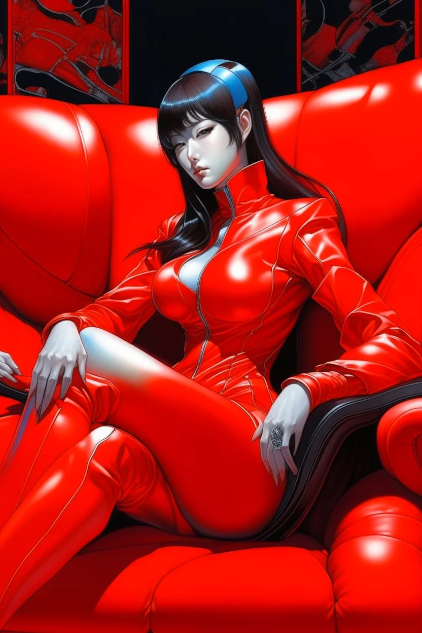 A digital illustration by Kuniyoshi and Hajime Sorayama of a beautiful gynoid sitting in a red couch.