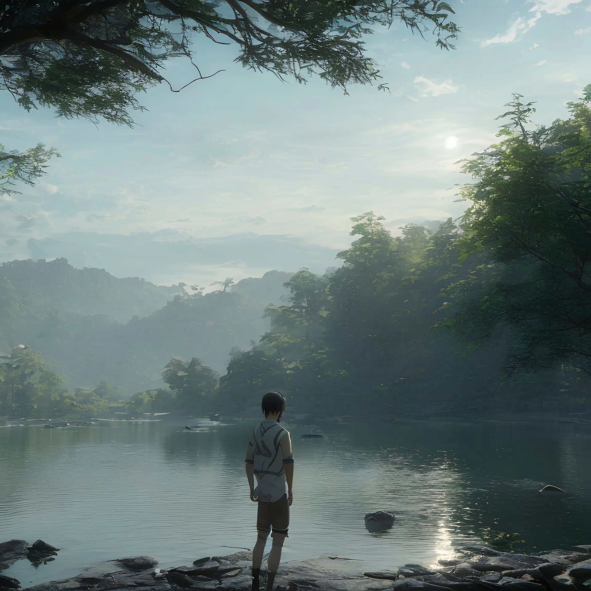 In the anime, a young male character is near the green lake in the sunset afternoon.