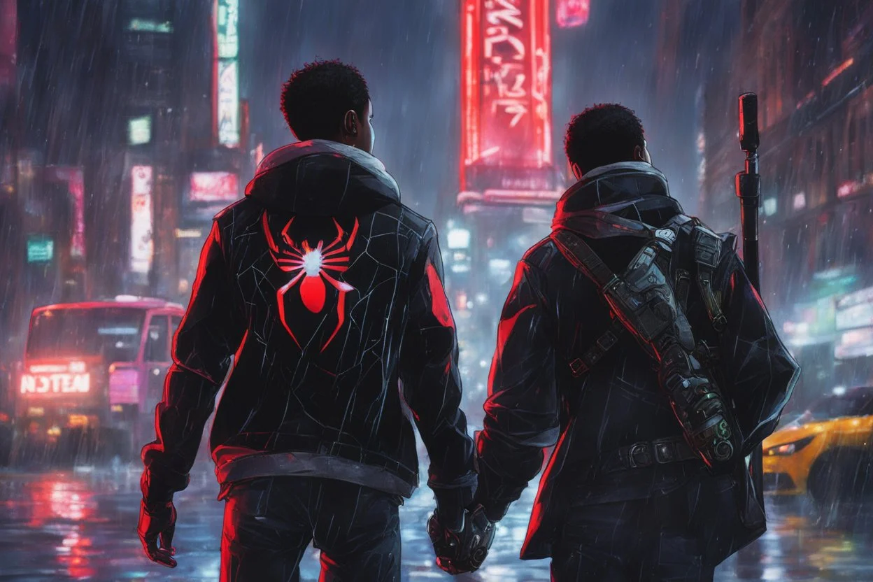 Miles morales in 8k nier automata drawing style, Carrying them, cinematic mood, neon effect, close picture, rain, highly detailed, high details, detailed portrait, masterpiece,ultra detailed, ultra quality