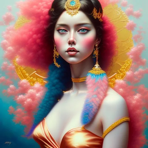 iv_a painting of a young woman, figurative art, an acrylic detailed painting,art style by Harumi Hironaka, turquoise pink and yellow, james terrell art, trending on artstation, soft lines,intricate art by bastien lecouffe deharme and greg rutkowski