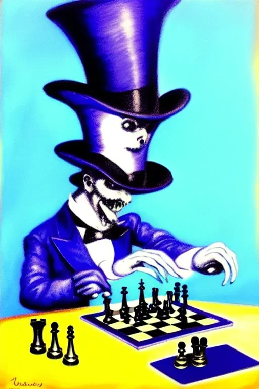 blue spider wearing a top hat and playing chess, neo-impressionism, trending on artstation, jungle setting, pastel colors,