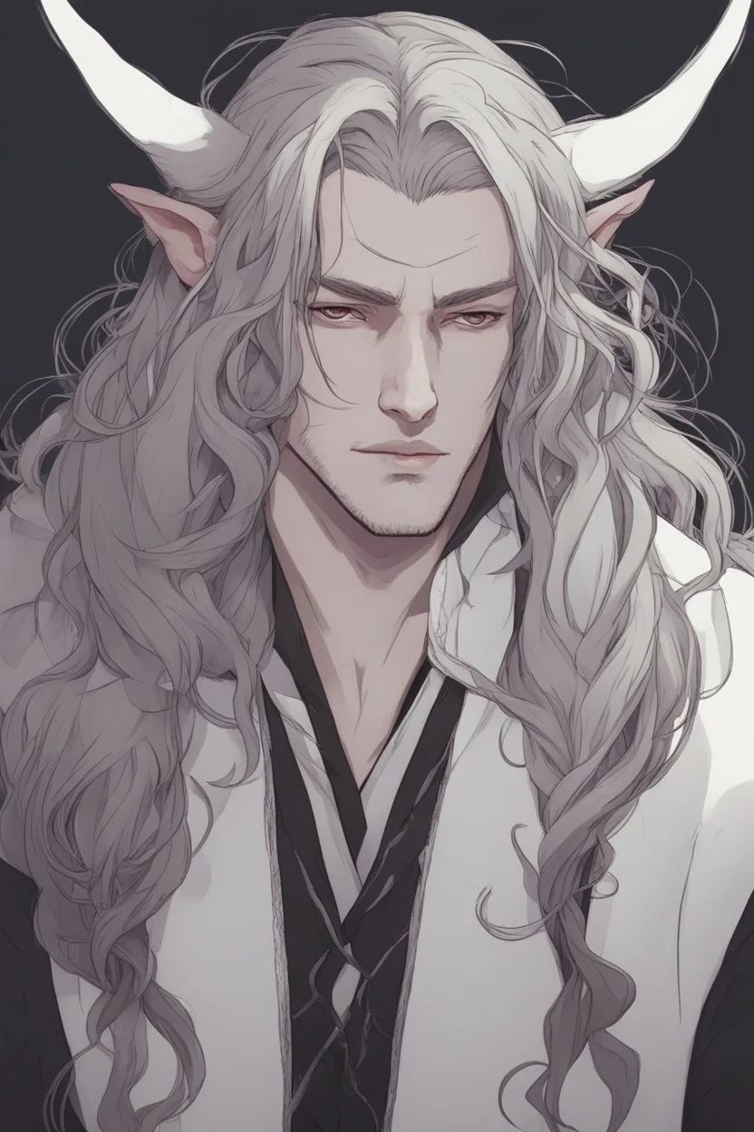 A dnd character portrait, a tiefling man with long hair and two black horns, white eyes and pale skin. Handsome. Young.