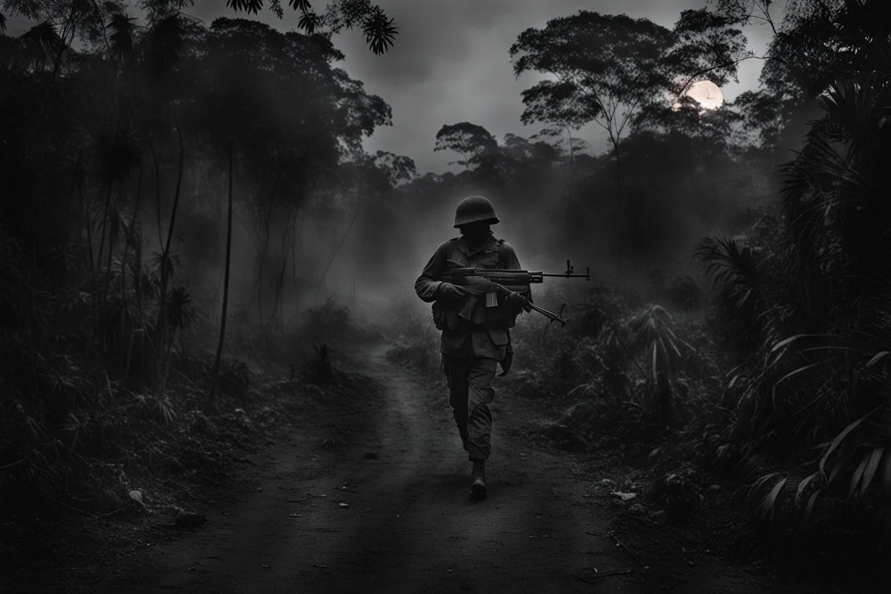 Spectral ghost of a headless soldier carrying a Thompson machine gun through the Congo at night