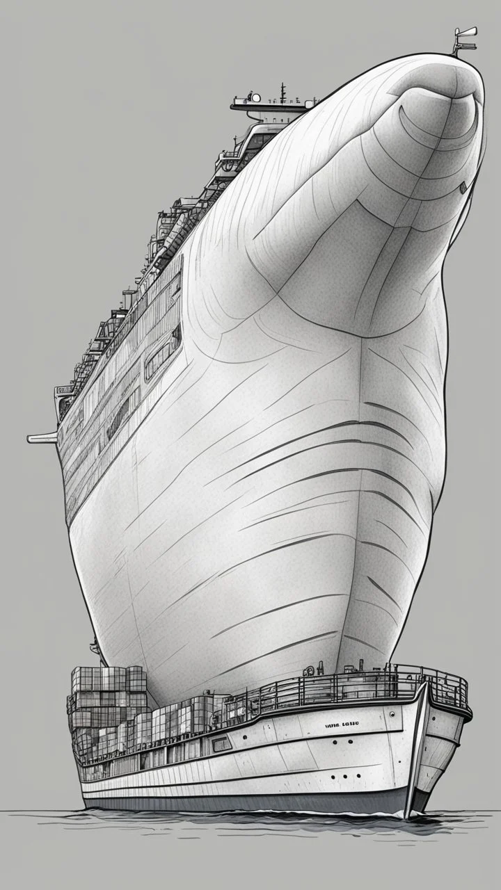 A drawing of a container ship that looks like a big beluga whale. View from side. With eyes. Digital art. Docker