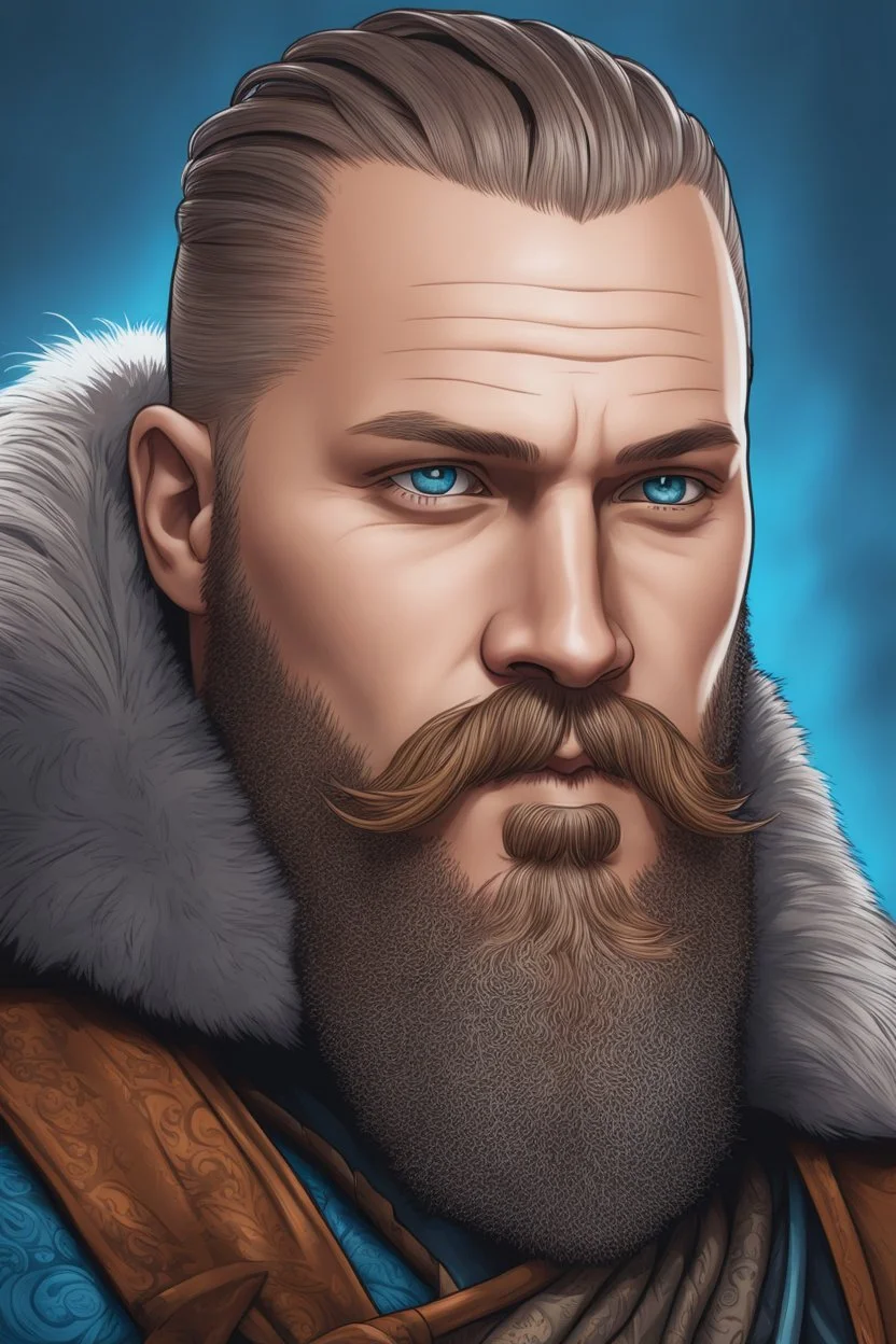 Ragnar Lothbrok in 8k cartoon artstyle, blue eyes, Bald, beard, tattoos, winter, close picture, highly detailed, high details, detailed portrait, masterpiece,ultra detailed, ultra quality