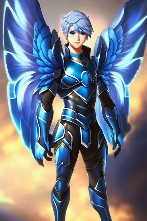 a human male with blue short hair and blue wings in an assymetrical armor with geometric patterns and a book in hand