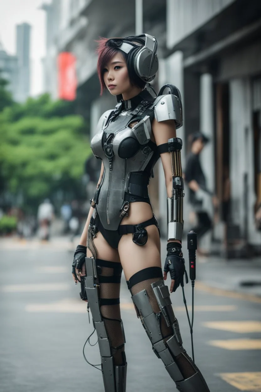 Long distance photoshoot of a cyber punk casual clothing pretty female robot,small earphones, full body Raw, 8k, Soldier indonesia in standing street photography Jakarta city