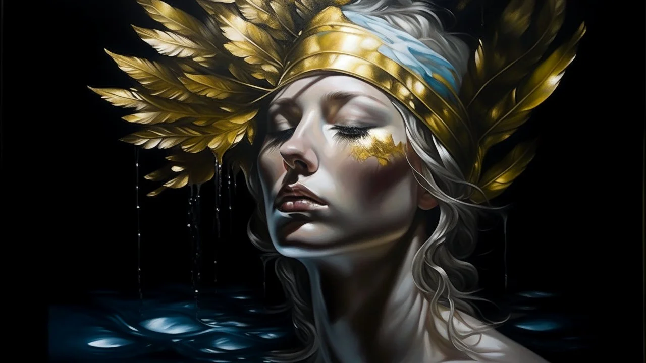 Surrealist painting of a woman's head with golden feather hair emerging from a cracked white wall floating in a large pool of dark reflective and stagnant water, with a serene but mysterious expression on her face.