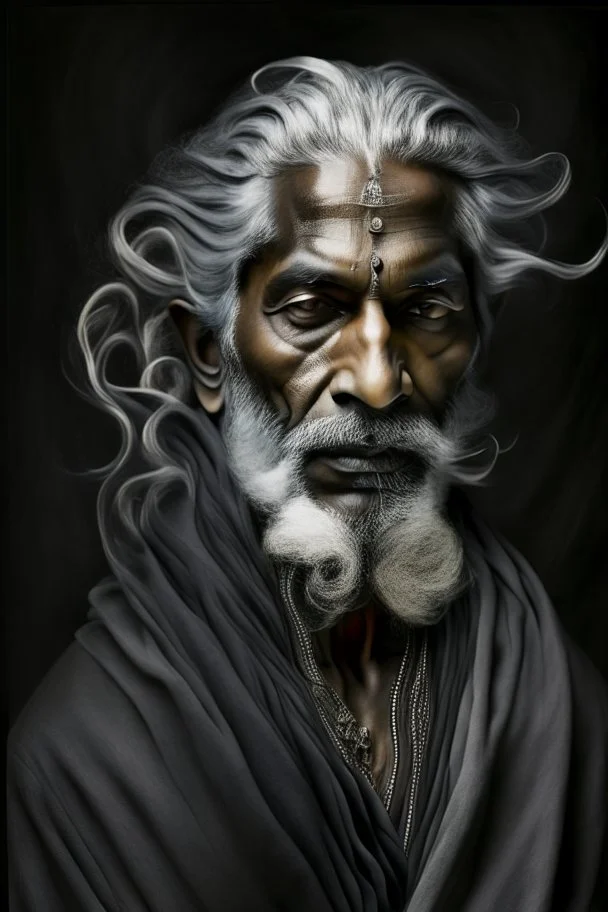 a photo of an Hindu man with ethnic jewelry, grey hair and grey flowing robe, in style of Annie Leibovitz, contemporary portrait of a mature yet beautiful and modernist man, black and grey, detailed masculine face, swirling fluid smokey enigma, award-winning artwork