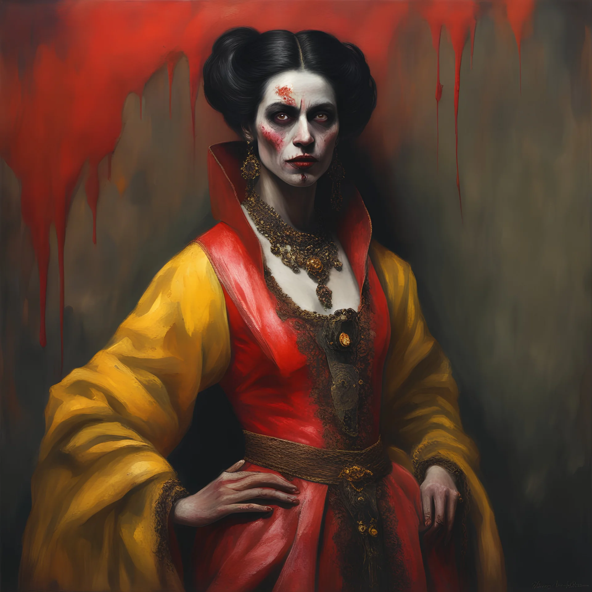 a Hideous, horrifying, frightening black-haired female Zombie Queen, wearing a red leather sling suit with a gold/yellow bat emblem on the waist, dark, multicolored watercolor stained wall in the background, oil painting in the art style of Gilbert Stuart, 32k UHD, Hyper realistic, photorealistic, realistic, sharp, highly detailed, professional quality, beautiful, awesome, majestic, superb, trending on artstation